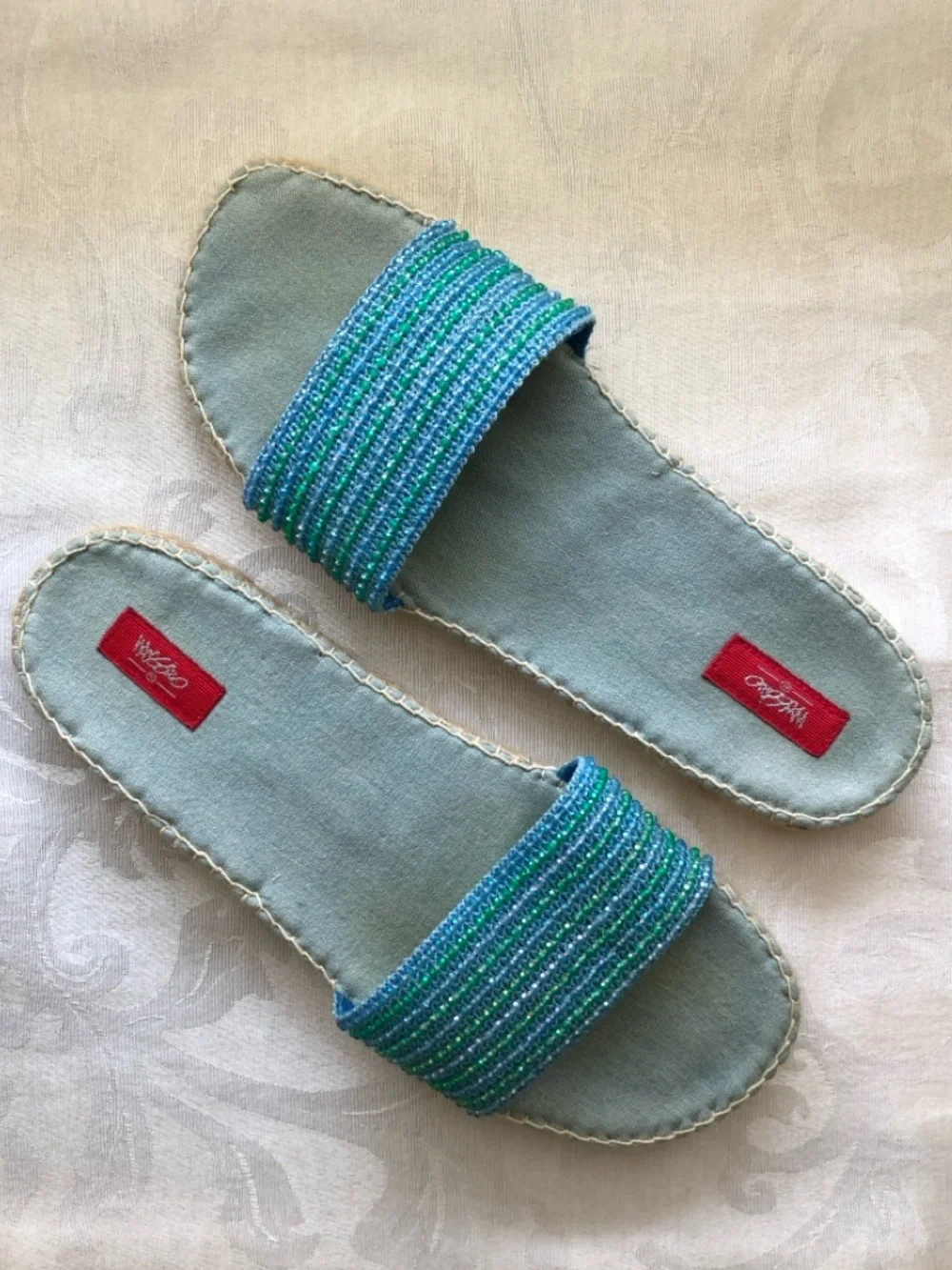 Mossimo Beaded Espadrille Sandals Denim Jute Blue Green Beads Size 8